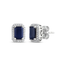 Octagon-Cut Natural Blue Sapphire & Diamond Stud Earrings 1/8 ct tw 14K White Gold