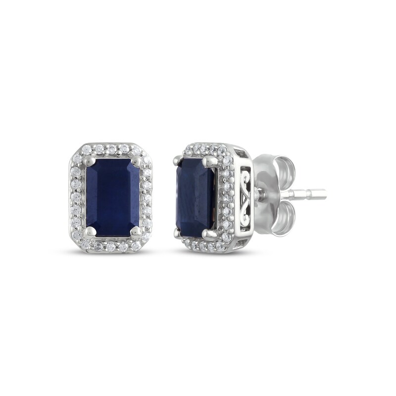 Main Image 1 of Octagon-Cut Natural Blue Sapphire & Diamond Stud Earrings 1/8 ct tw 14K White Gold