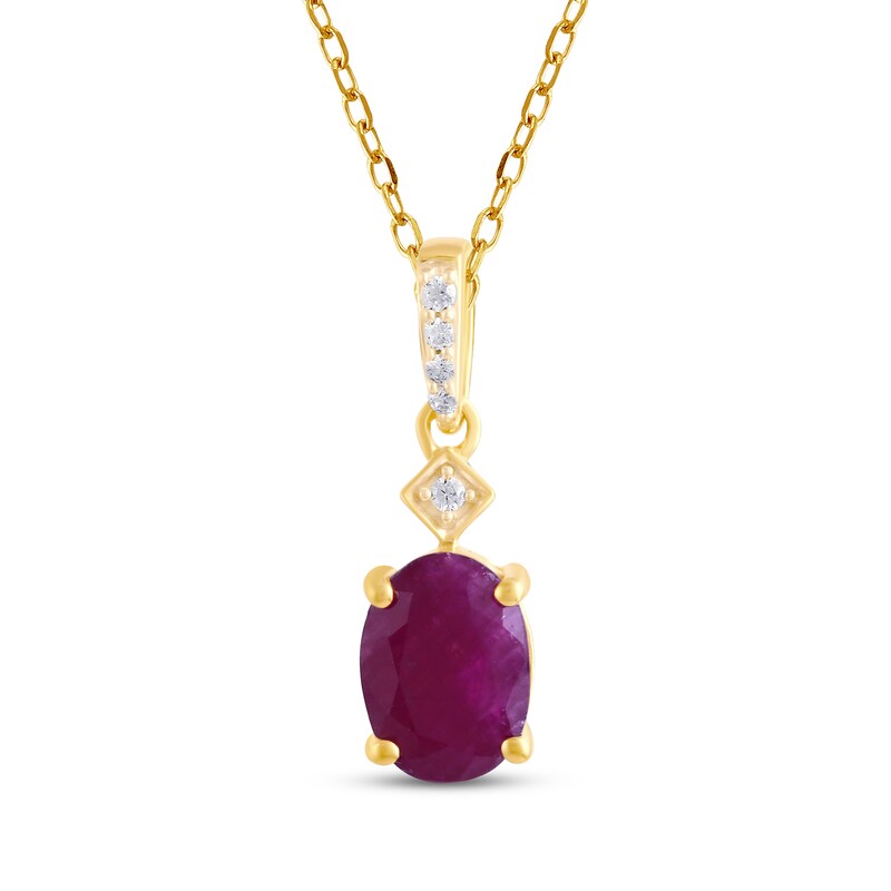 Main Image 1 of Oval-Cut Natural Ruby & Diamond Drop Necklace 1/20 ct tw 14K Yellow Gold 18"