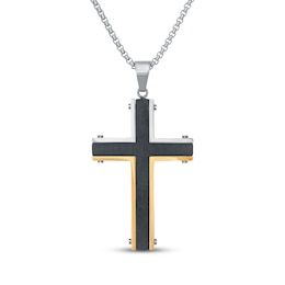 Men's Black Enamel Cross Necklace Stainless Steel 24"