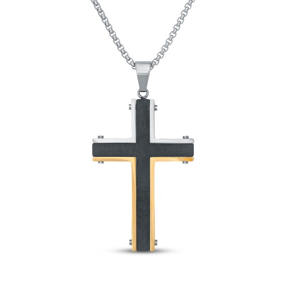 Men's Black Enamel Cross Necklace Stainless Steel 24"