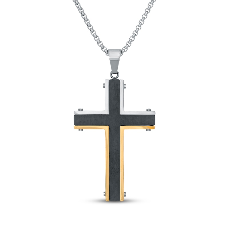 Main Image 1 of Men's Black Enamel Cross Necklace Stainless Steel 24"
