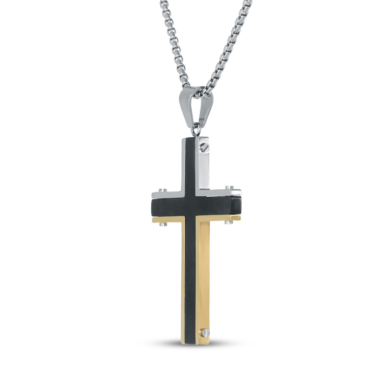 Main Image 2 of Men's Black Enamel Cross Necklace Stainless Steel 24"