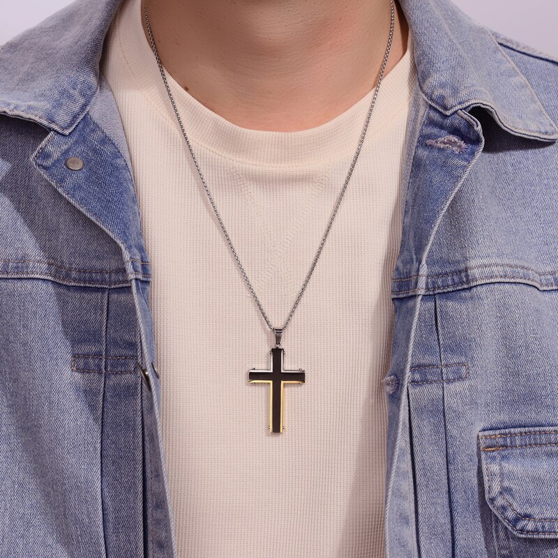 Main Image 3 of Men's Black Enamel Cross Necklace Stainless Steel 24"