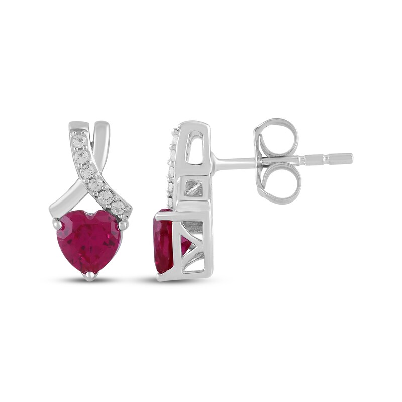 Main Image 3 of Heart-Shaped Lab-Created Ruby & White Lab-Created Sapphire Earrings Sterling Silver
