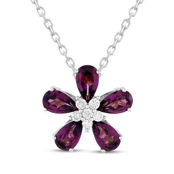 Pear-Shaped Rhodolite Garnet & Diamond Flower Necklace 1/15 ct tw Sterling Silver 18"