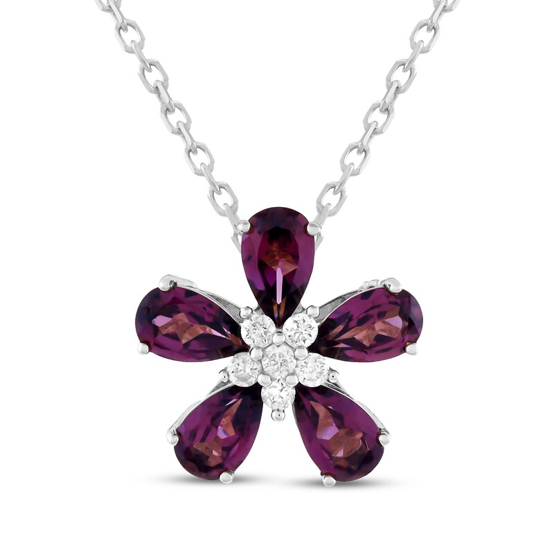 Main Image 1 of Pear-Shaped Rhodolite Garnet & Diamond Flower Necklace 1/15 ct tw Sterling Silver 18"