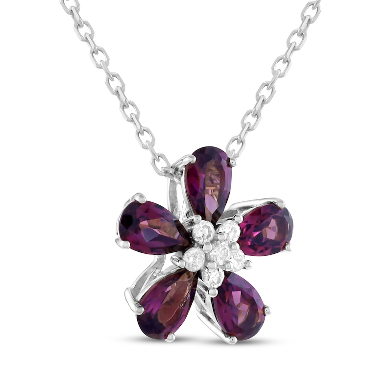 Main Image 2 of Pear-Shaped Rhodolite Garnet & Diamond Flower Necklace 1/15 ct tw Sterling Silver 18"