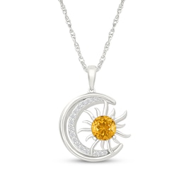 Citrine & White Lab-Created Sapphire Crescent Moon & Sun Necklace Sterling Silver 18"