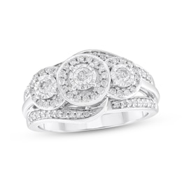 Adore Round-Cut Diamond Three-Stone Halo Engagement Ring 1/2 ct tw 14K White Gold