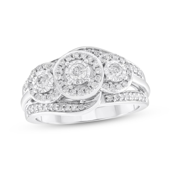 Adore Round-Cut Diamond Three-Stone Halo Engagement Ring 1/2 ct tw 14K White Gold