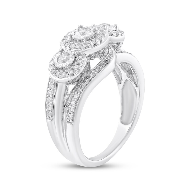Main Image 2 of Adore Round-Cut Diamond Three-Stone Halo Engagement Ring 1/2 ct tw 14K White Gold