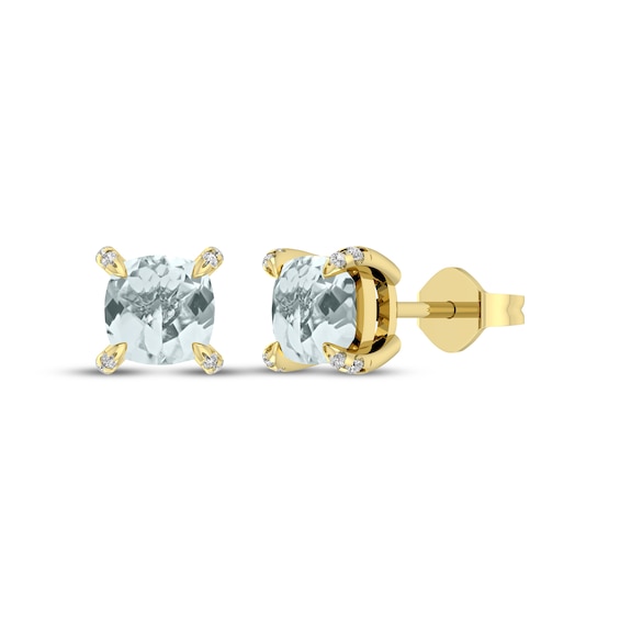 Cushion-Cut Aquamarine & Diamond Accent Stud Earrings 10K Yellow Gold