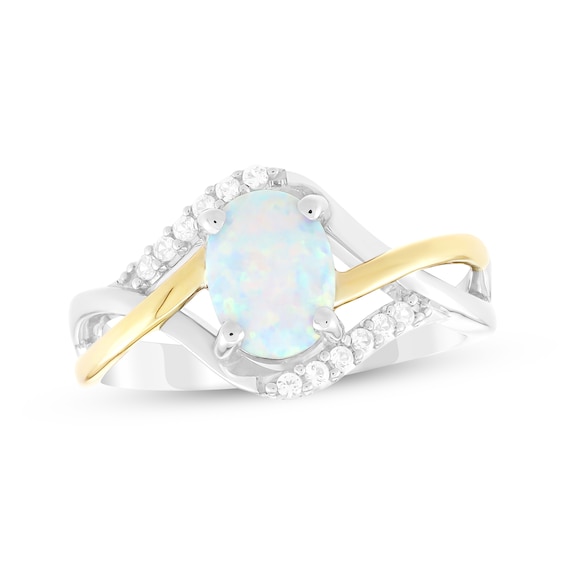 Oval-Cut Lab-Created Opal & White Lab-Created Sapphire Ring Sterling Silver & 10K Yellow Gold
