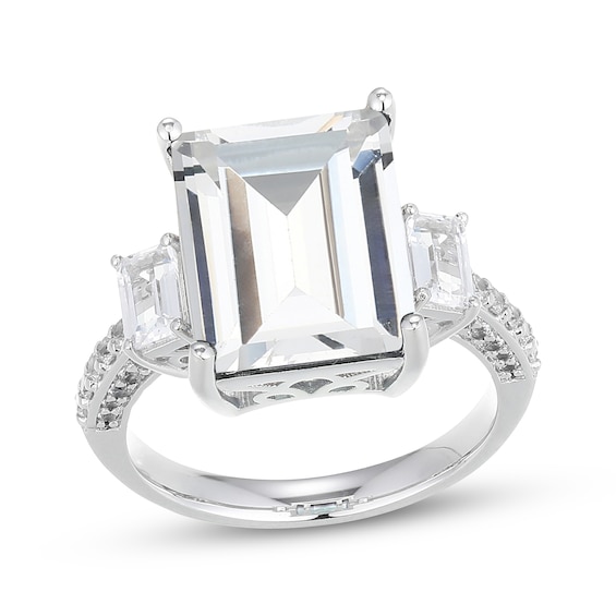 Emerald-Cut White Lab-Created Sapphire Three-Stone Ring Sterling Silver