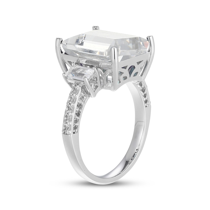 Main Image 2 of Emerald-Cut White Lab-Created Sapphire Three-Stone Ring Sterling Silver