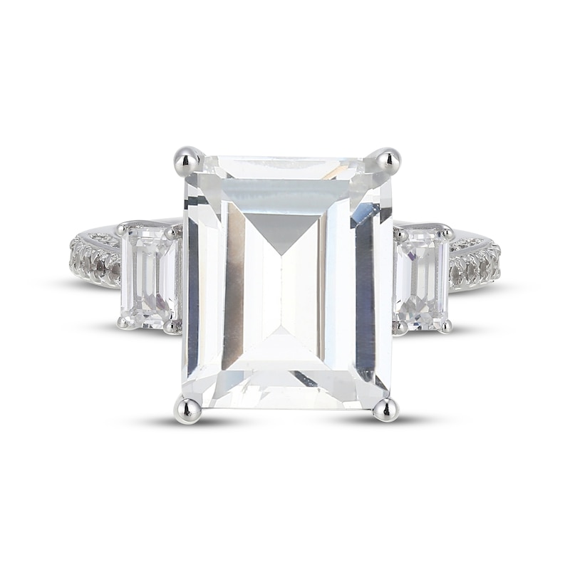 Main Image 3 of Emerald-Cut White Lab-Created Sapphire Three-Stone Ring Sterling Silver