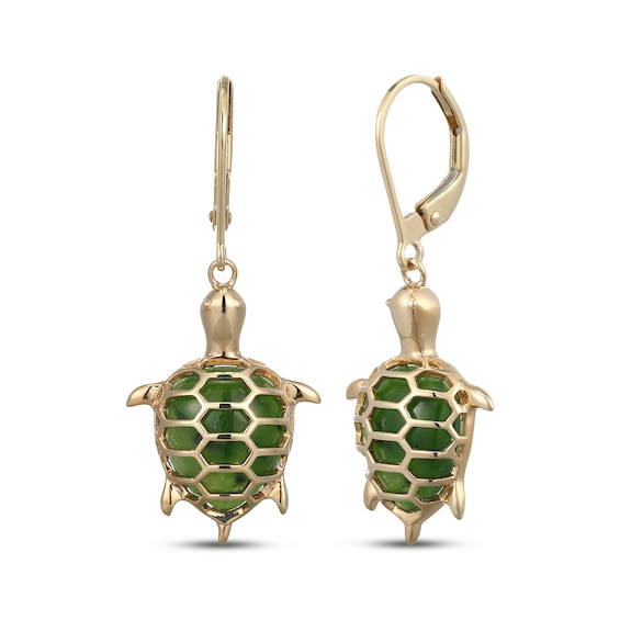 Pear-Shaped Nephrite Jade Turtle Dangle Earrings 14K Yellow Gold