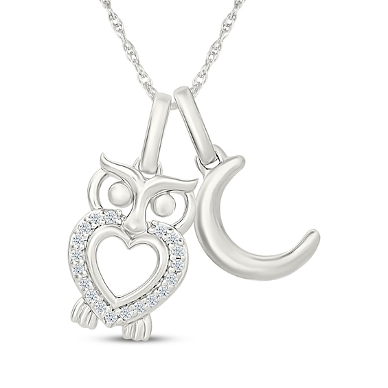 Diamond Owl & Crescent Moon Charms Necklace 1/15 ct tw Sterling Silver 18"