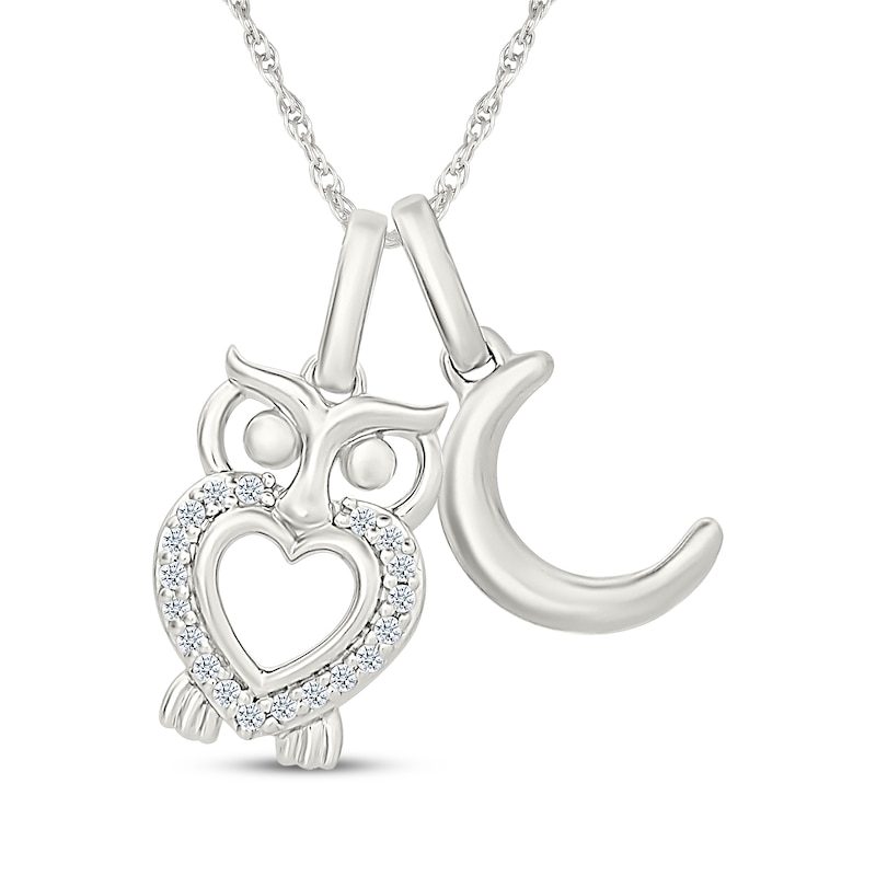 Main Image 1 of Diamond Owl & Crescent Moon Charms Necklace 1/15 ct tw Sterling Silver 18"