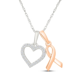 Diamond Heart & Ribbon Charms Necklace 1/10 ct tw Sterling Silver & 10K Rose Gold 18"