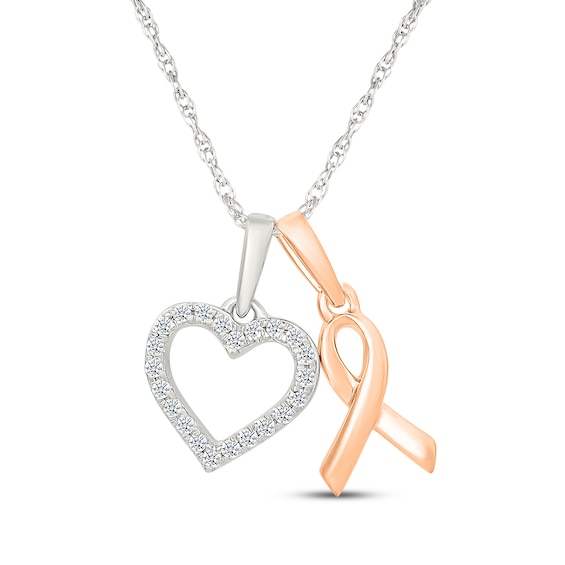 Diamond Heart & Ribbon Charms Necklace 1/10 ct tw Sterling Silver & 10K Rose Gold 18"