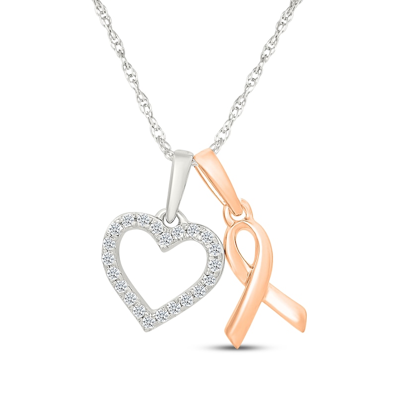Main Image 1 of Diamond Heart & Ribbon Charms Necklace 1/10 ct tw Sterling Silver & 10K Rose Gold 18"