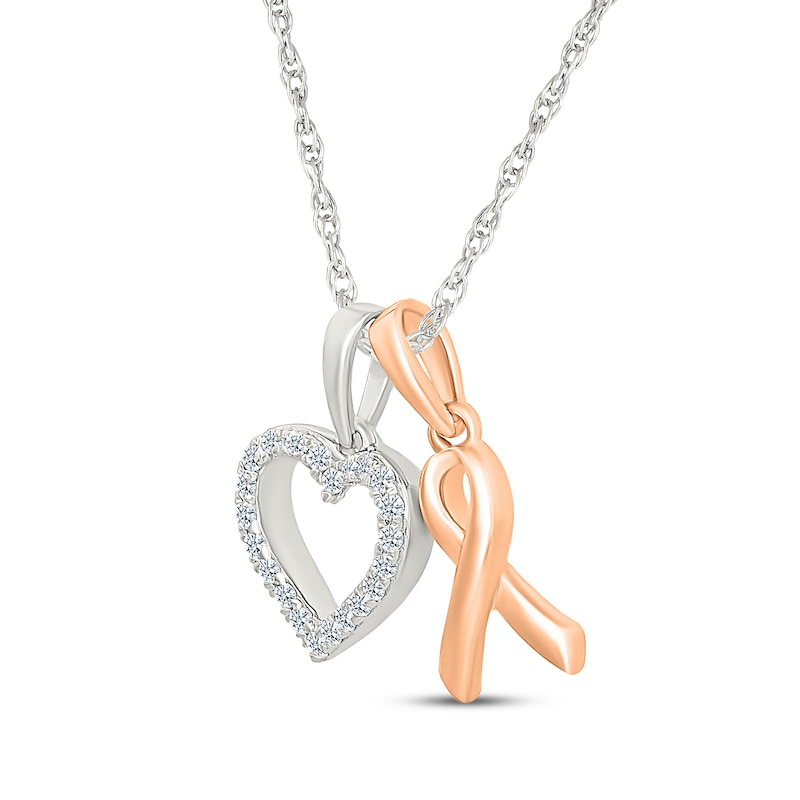 Main Image 2 of Diamond Heart & Ribbon Charms Necklace 1/10 ct tw Sterling Silver & 10K Rose Gold 18"