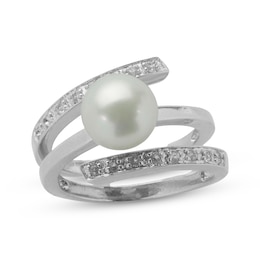 Button Cultured Pearl & White Topaz Wrap Ring Sterling Silver