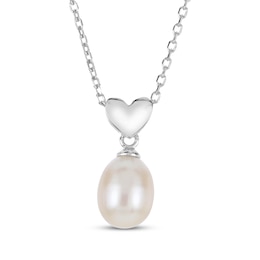 Cultured Pearl Heart Drop Necklace Sterling Silver 18"