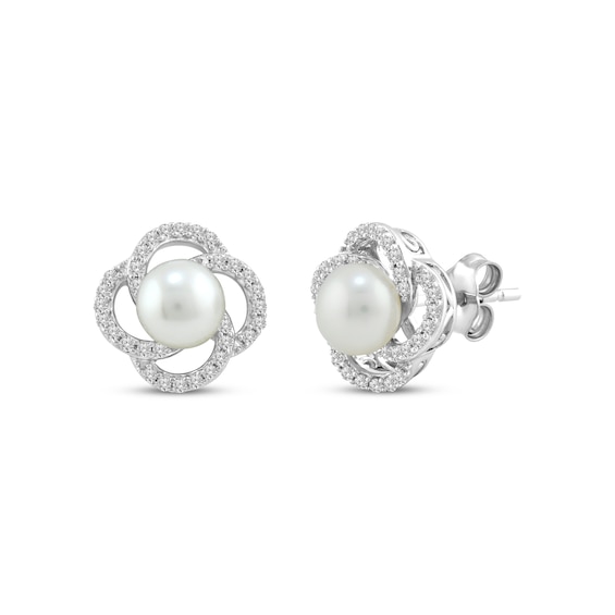 Cultured Pearl & White Lab-Created Sapphire Orbit Earrings Sterling Silver