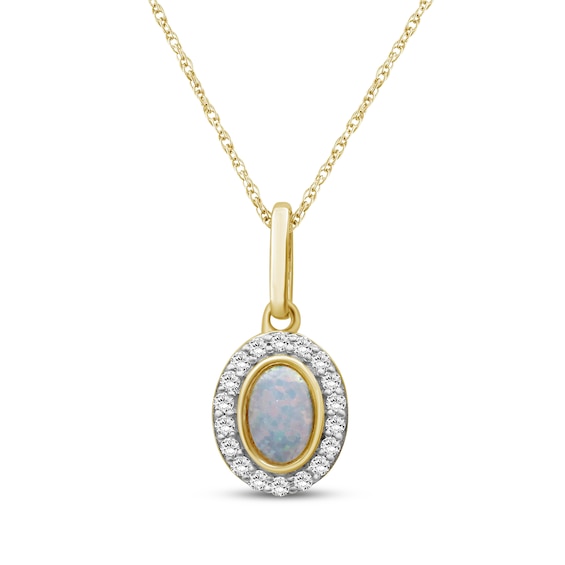 Oval-Cut Opal & Diamond Necklace 1/6 ct tw 10K Yellow Gold 18"