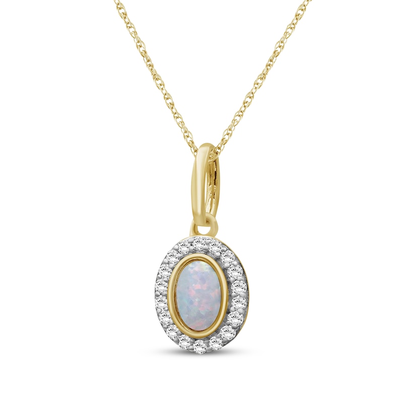 Main Image 2 of Oval-Cut Opal & Diamond Necklace 1/6 ct tw 10K Yellow Gold 18"