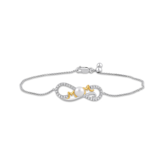 Cultured Pearl & White Lab-Created Sapphire "Mom" Infinity Bracelet Sterling Silver & 14K Yellow Gold Plating 7.5"