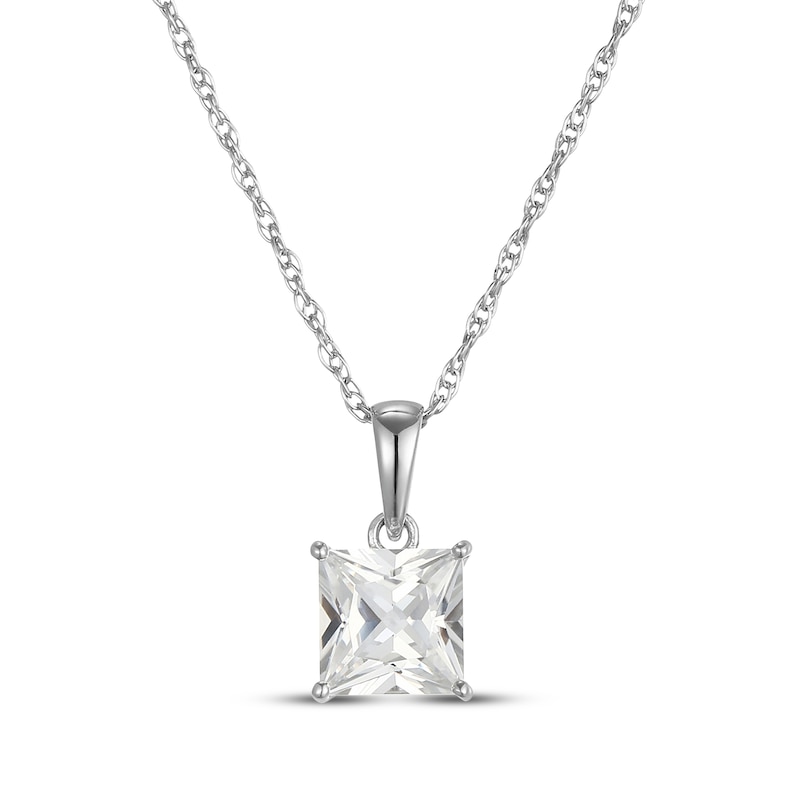 Main Image 1 of Square-Cut White Lab-Created Sapphire Solitaire Necklace Sterling Silver 18"