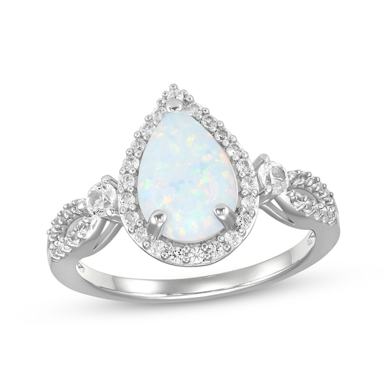 Pear-Shaped Lab-Created Opal & White Lab-Created Sapphire Halo Fashion Ring Sterling Silver