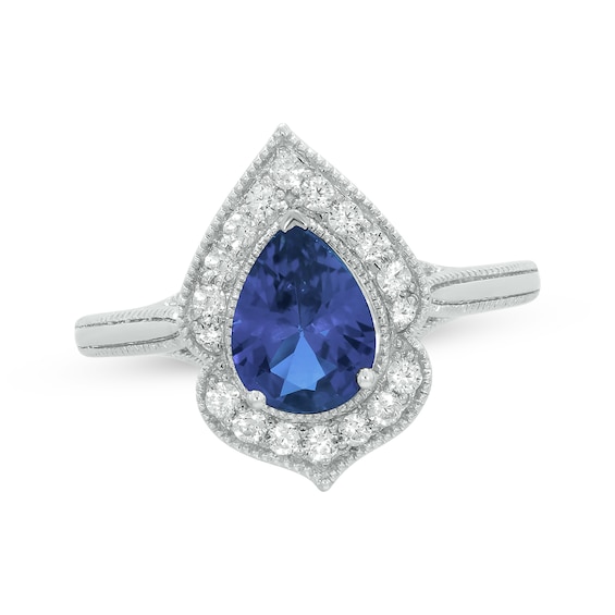 Pear-Shaped Blue Lab-Created Sapphire & Diamond Halo Shield Ring 1/5 ct tw Sterling Silver
