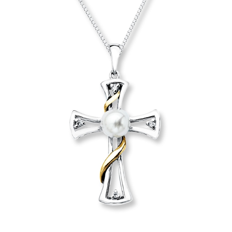 DiamondJewelryNY Sterling Silver Freshwater Cultured Pearl Cross Pendant 