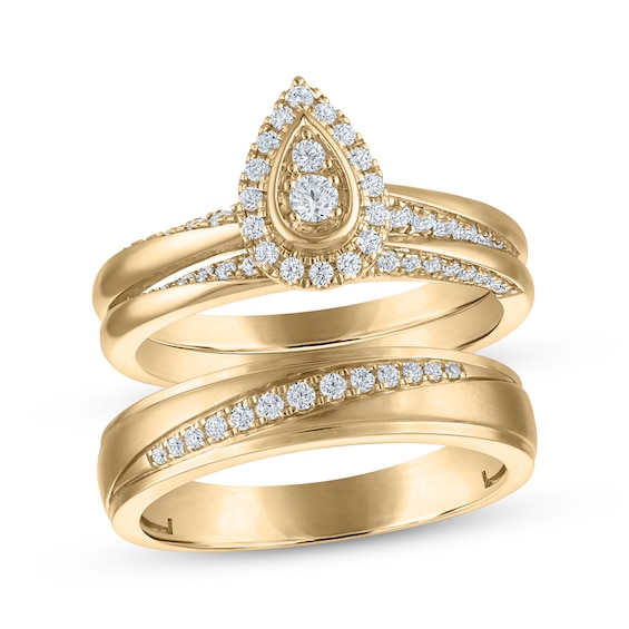 Adore His & Hers Multi-Diamond Pear-Shaped Halo Bridal Set 3/8 ct tw 10K Yellow Gold