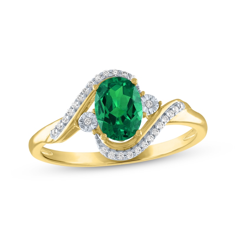 Main Image 1 of Oval-Cut Lab-Created Emerald & Diamond Bypass Ring 1/15 ct tw 10K Yellow Gold