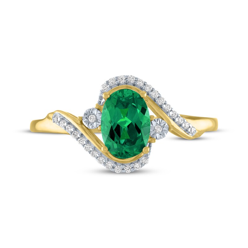 Main Image 3 of Oval-Cut Lab-Created Emerald & Diamond Bypass Ring 1/15 ct tw 10K Yellow Gold