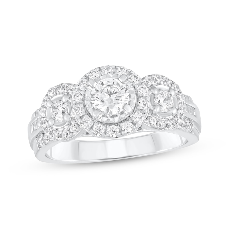 Round-Cut Diamond Three-Stone Halo Engagement Ring 1 ct tw 14K White Gold