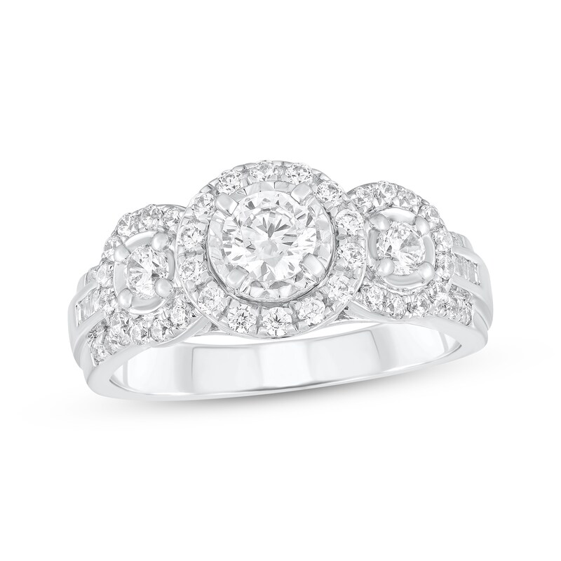 Main Image 1 of Adore Round-Cut Diamond Three-Stone Halo Engagement Ring 1 ct tw 14K White Gold