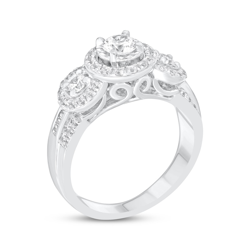 Round-Cut Diamond Three-Stone Halo Engagement Ring 1 ct tw 14K White Gold