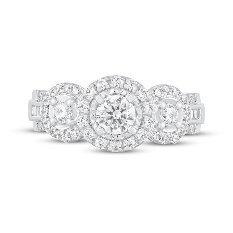 Main Image 3 of Adore Round-Cut Diamond Three-Stone Halo Engagement Ring 1 ct tw 14K White Gold