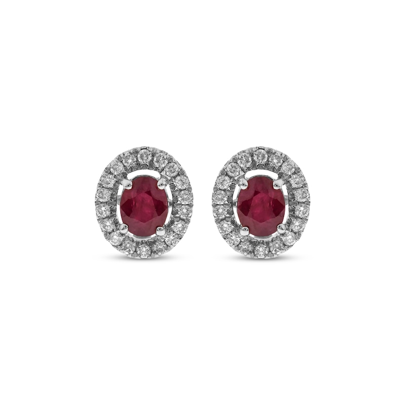 Main Image 2 of Oval-Cut Natural Ruby & Diamond Halo Stud Earrings 1/6 ct tw 10K White Gold