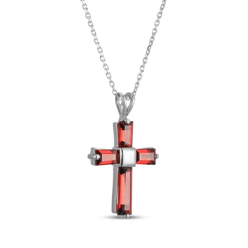 Main Image 2 of Baguette-Garnet Cross Necklace Sterling Silver 18"