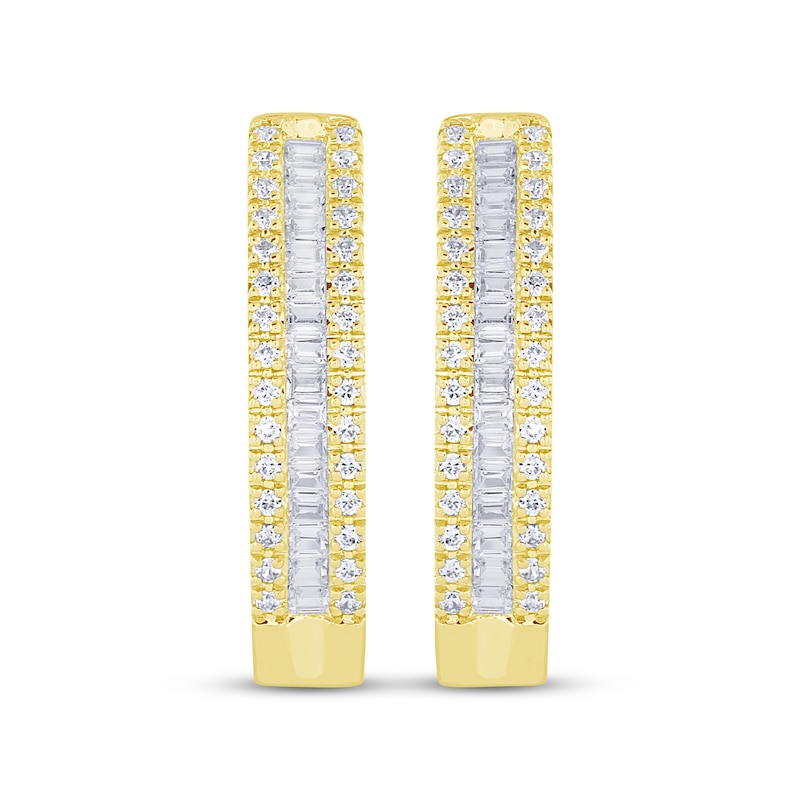 Main Image 2 of Baguette & Round-Cut Diamond Hoop Earrings 1/2 ct tw 10K Yellow Gold
