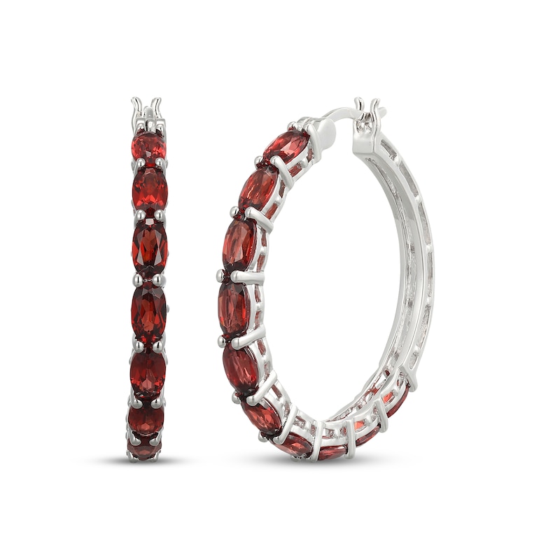 Main Image 1 of Oval-Cut Garnet Hoop Earrings Sterling Silver