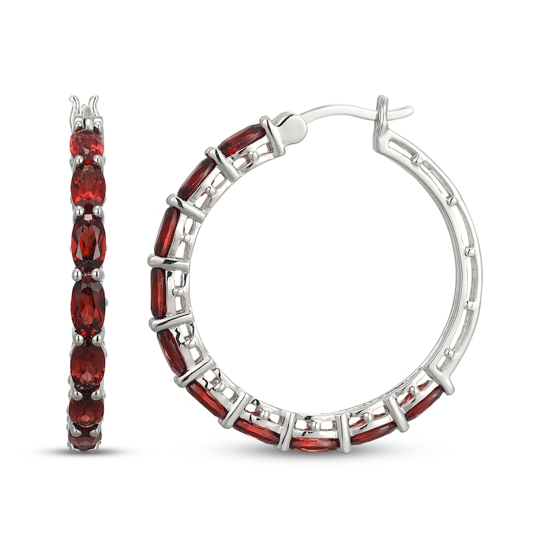 Main Image 3 of Oval-Cut Garnet Hoop Earrings Sterling Silver